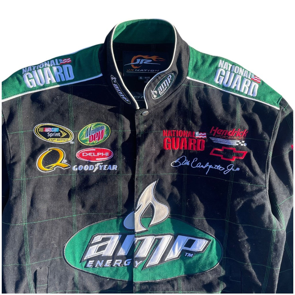 Racing suit with various sponsor logos on a white background
