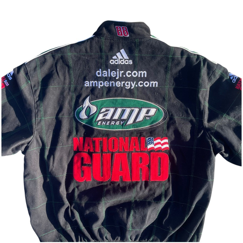 Black jacket with Amp Energy, National Guard, and Adidas logos on a white background
