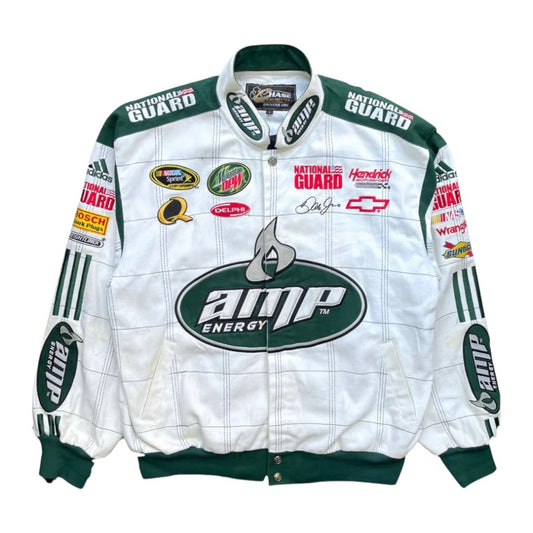 White racing jacket with various sponsor logos on a white background