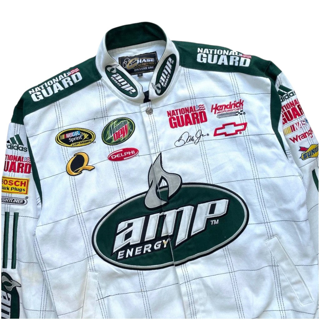 White racing suit with various sponsor logos on a white background