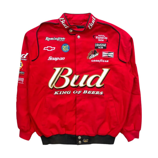 Red jacket with various brand logos on a white background
