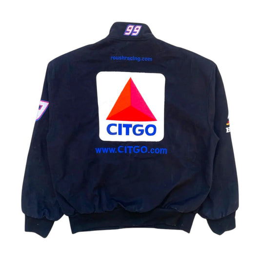 Navy blue jacket with Citgo logo on the back against a white background