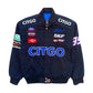 Navy blue jacket with various logos including CITGO, SKF, and Ford on a white background