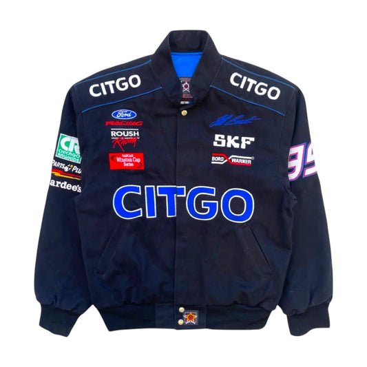 Navy blue jacket with various logos including CITGO, SKF, and Ford on a white background