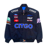 Navy blue jacket with various logos including CITGO, SKF, and Ford on a white background