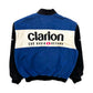 Blue and black jacket with 'Clarion Car Audio & Beyond' logo on a white background