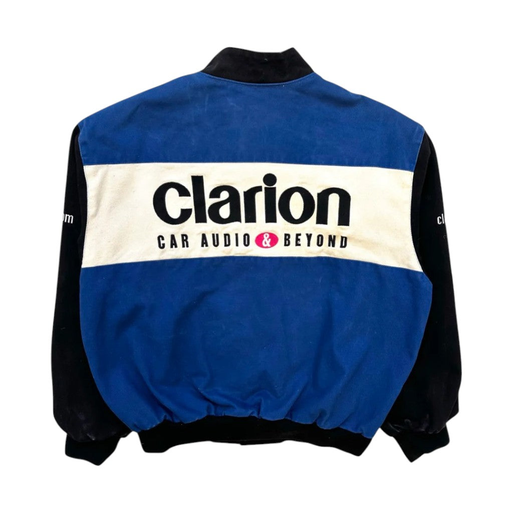 Blue and black jacket with 'Clarion Car Audio & Beyond' logo on a white background