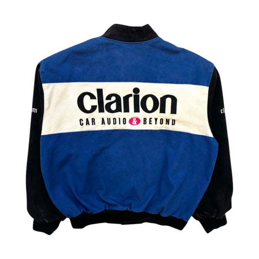 Blue and black jacket with 'Clarion Car Audio & Beyond' logo on a white background