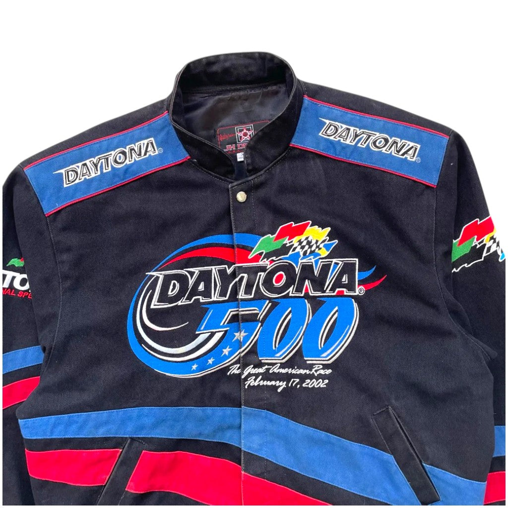 Black racing jacket with Daytona 500 logo and branding on a white background
