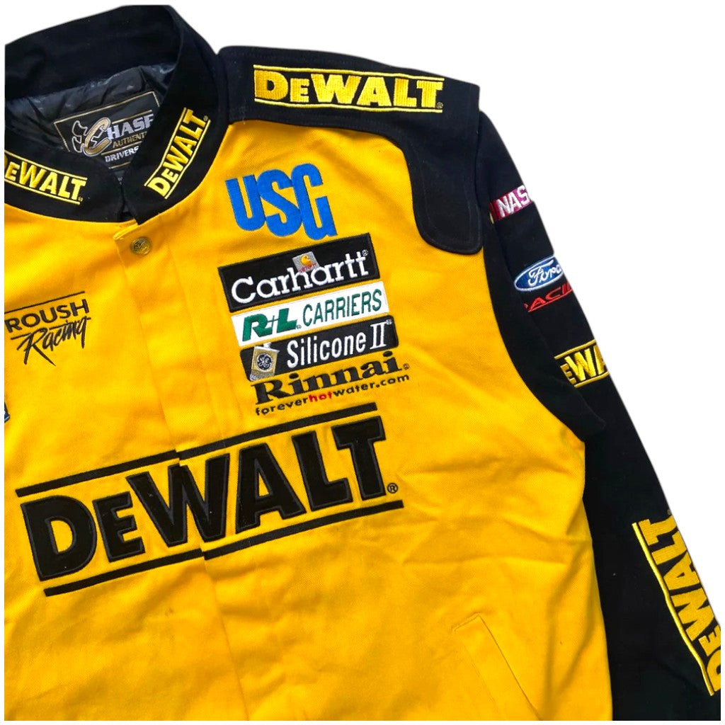 Yellow racing jacket with various sponsor logos on a white background