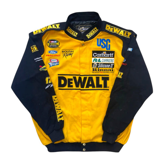 Yellow and black racing jacket with various sponsor logos on a white background