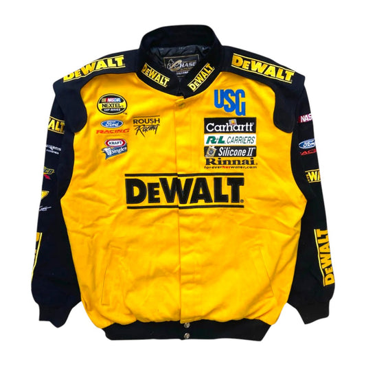 Yellow racing jacket with various sponsor logos on a white background