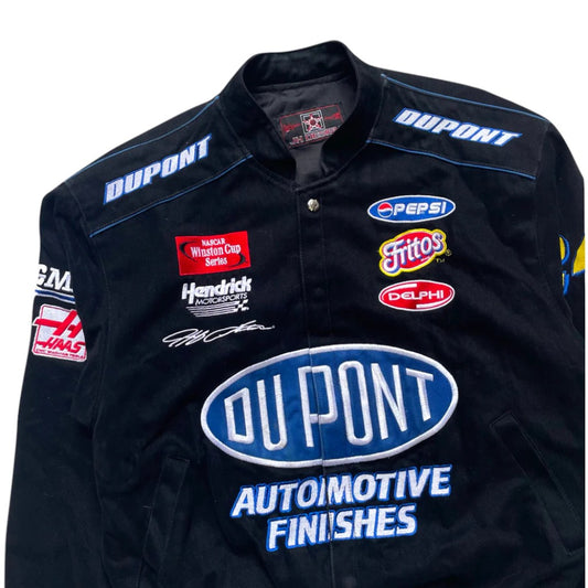 Black racing jacket with various sponsor logos on a white background