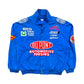 Blue jacket with various sponsor logos on a white background
