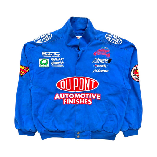 Blue jacket with various sponsor logos on a white background