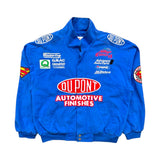 Blue jacket with various sponsor logos on a white background