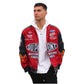 Man wearing a red and black jacket with various sponsor logos on a white background