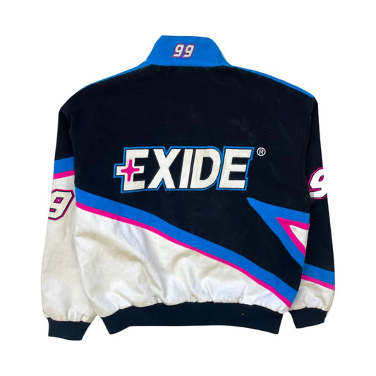 Black and white jacket with Exide logo on a white background