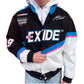 Person wearing a black and white jacket with Exide logo and branding on a white background
