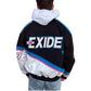 Black and white jacket with Exide logo on the back, worn by a person.