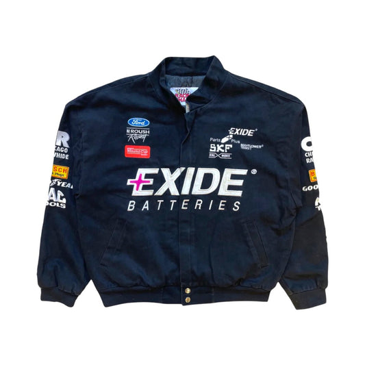 Navy blue jacket with Exide Batteries branding on a white background