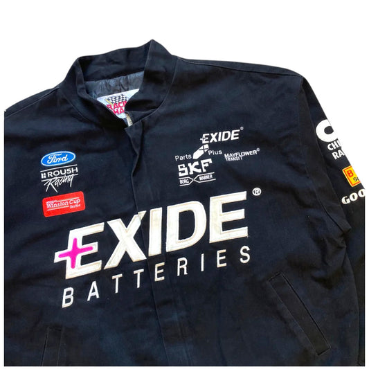 Navy jacket with Exide Batteries and other brand logos on a white background