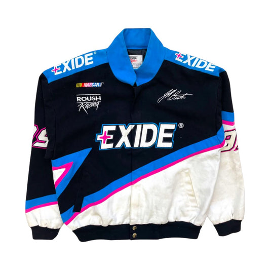 Black and white jacket with Exide and Roush Racing logos on a white background