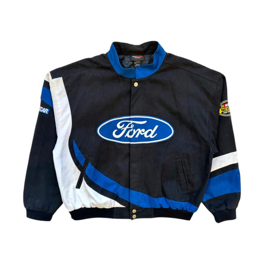 Black and blue jacket with Ford logo on a white background