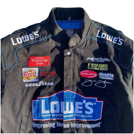 Gray work jacket with various sponsor logos on a white background