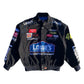 Black jacket with various logos and branding on a white background