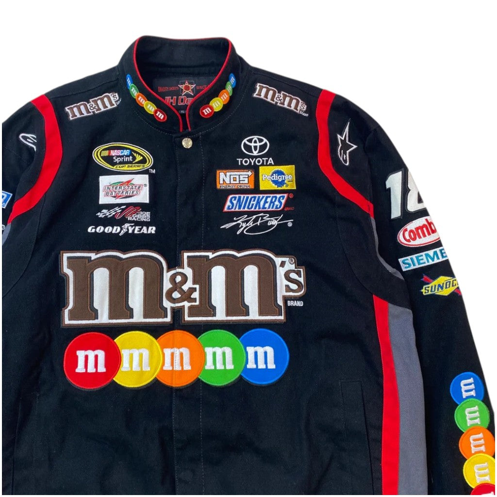 Nascar racing jacket with various sponsor logos on a white background