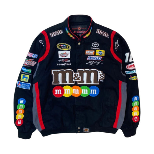 Nascar jacket with various logos and colors on a white background