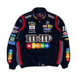 Nascar jacket with various logos and colors on a white background