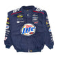 Navy blue jacket with multiple brand logos on a white background