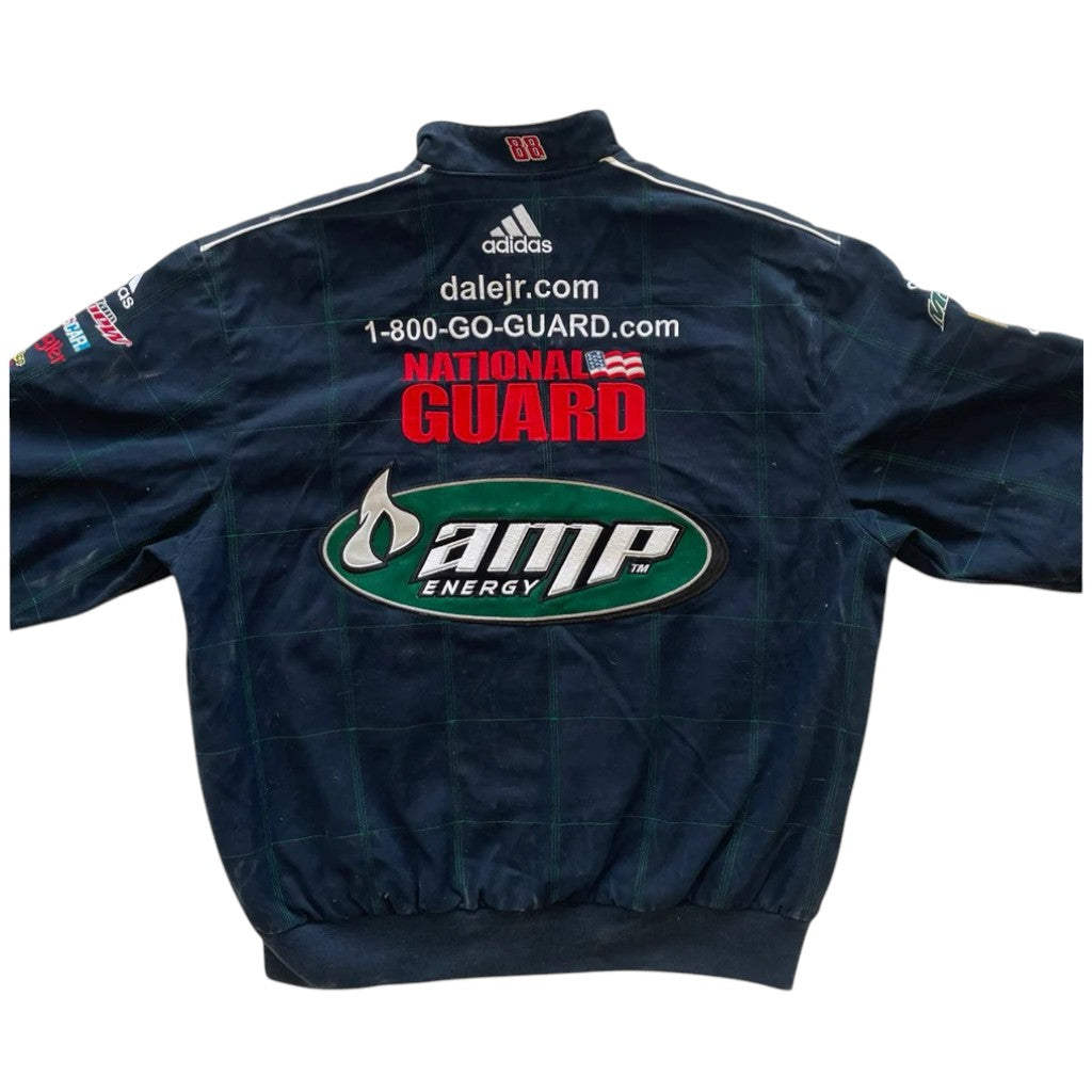 Navy jacket with multiple logos including Adidas, Dale Jr., National Guard, and Amp Energy on a white background.