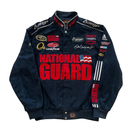 Navy blue jacket with various logos and 'National Guard' text on a white background
