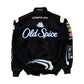 Black Old Spice racing jacket with logos on a white background