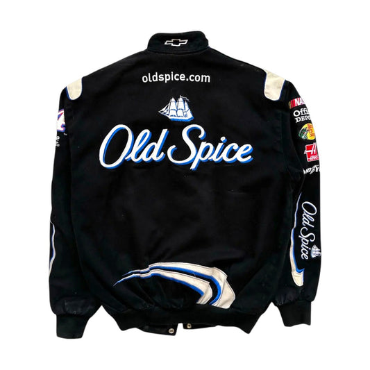 Black Old Spice racing jacket with logos on a white background