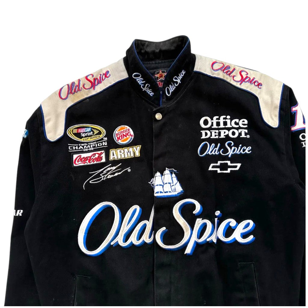 Black racing jacket with various sponsor logos on a white background