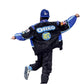 Person wearing a black jacket with multiple brand logos on a white background