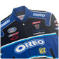 Blue and black racing jacket with various brand logos on a white background