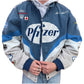 Blue and white racing jacket with various sponsor logos, including Pfizer, on a white background.