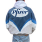 Person wearing a jacket with Pfizer logo on the back