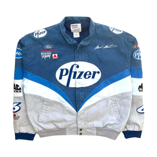 Blue and white jacket with Pfizer branding on a white background