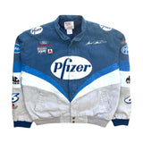 Blue and white jacket with Pfizer branding on a white background