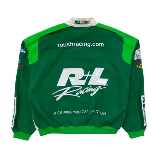Green racing jacket with R+L Racing logo on a white background