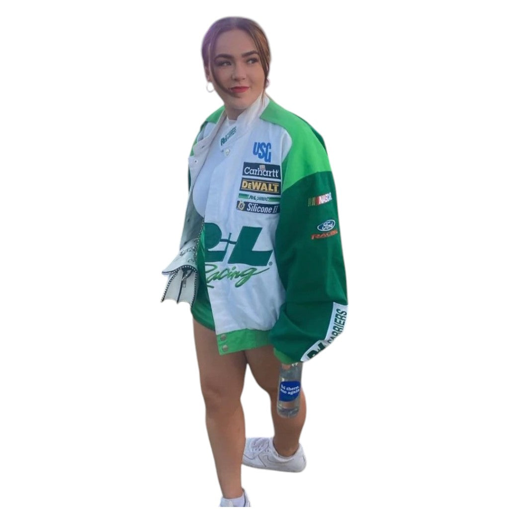 Person wearing a green and white racing suit with various brand logos on a white background