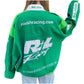 Green racing jacket with visible branding on a white background