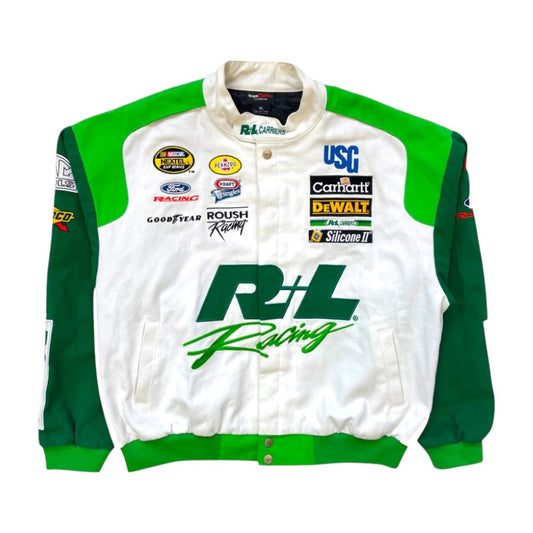 White and green racing jacket with various sponsor logos on a white background