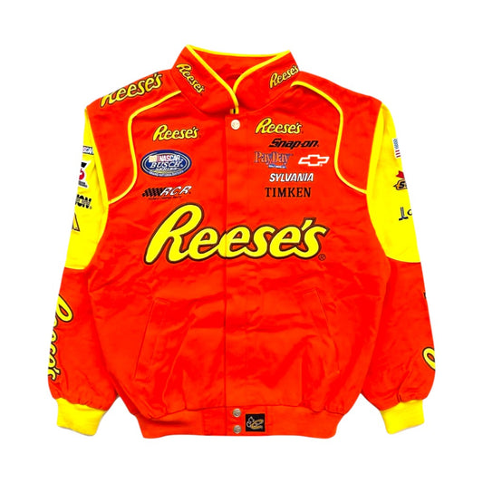 Orange racing jacket with yellow accents and multiple sponsor logos on a white background